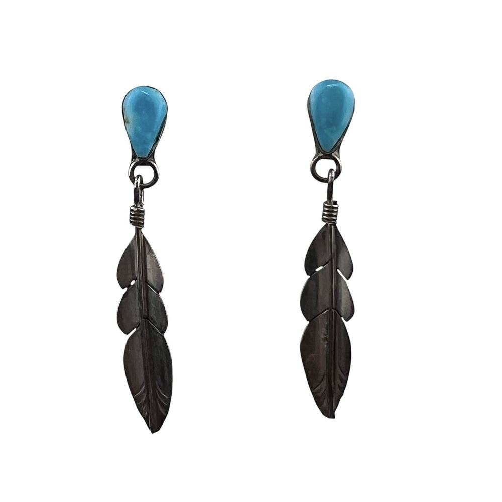 Turquoise & Feathers Southwest Style Sterling Silver Hook Pierced Earrings